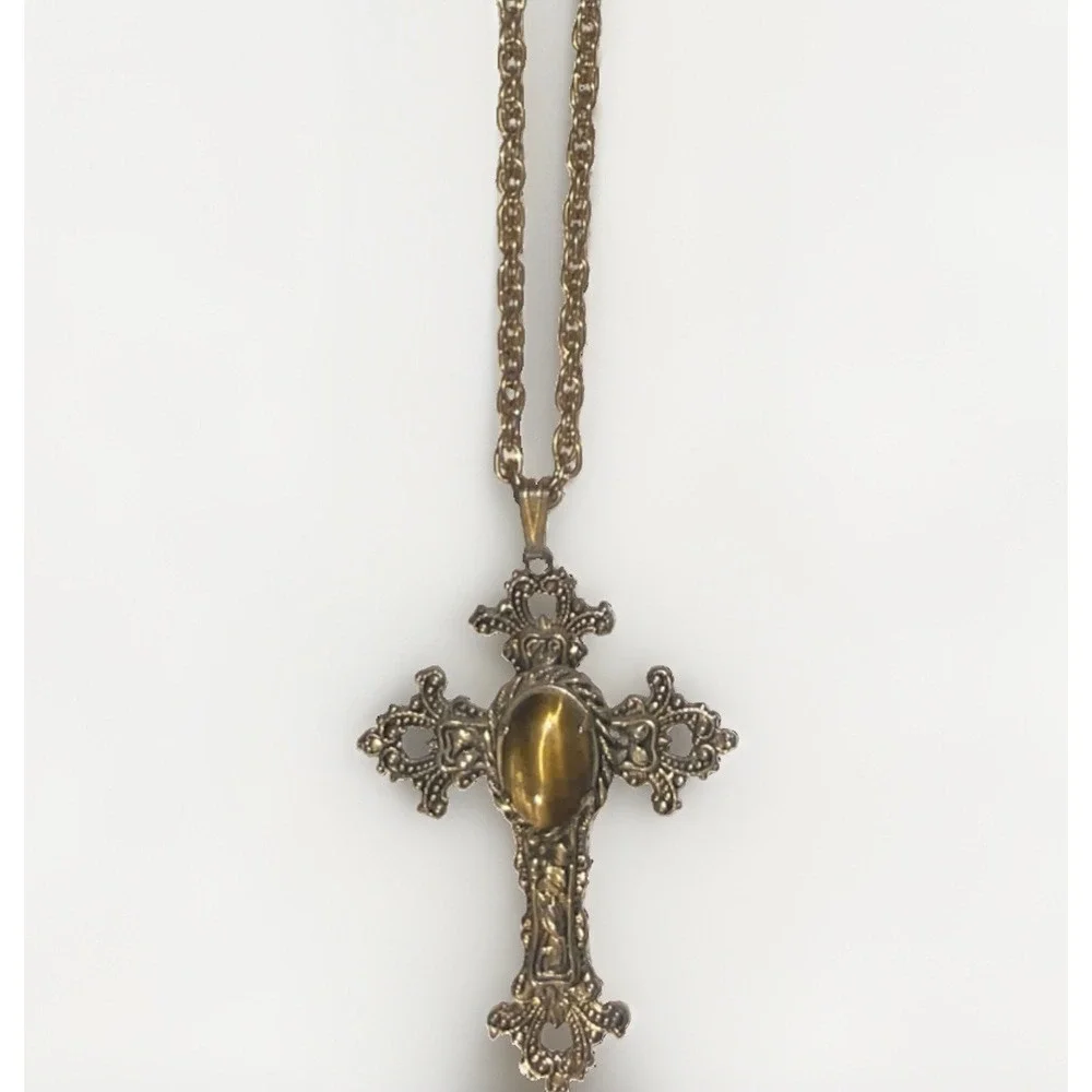 Vintage Ornate Tiger's Eye Cross Pendant Necklace Gold Tone Victorian 24